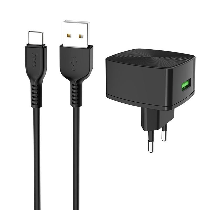 

СЗУ 1USB Hoco C70A QC 3.0 Black + cable USB-Type-C 3A Black, Черный