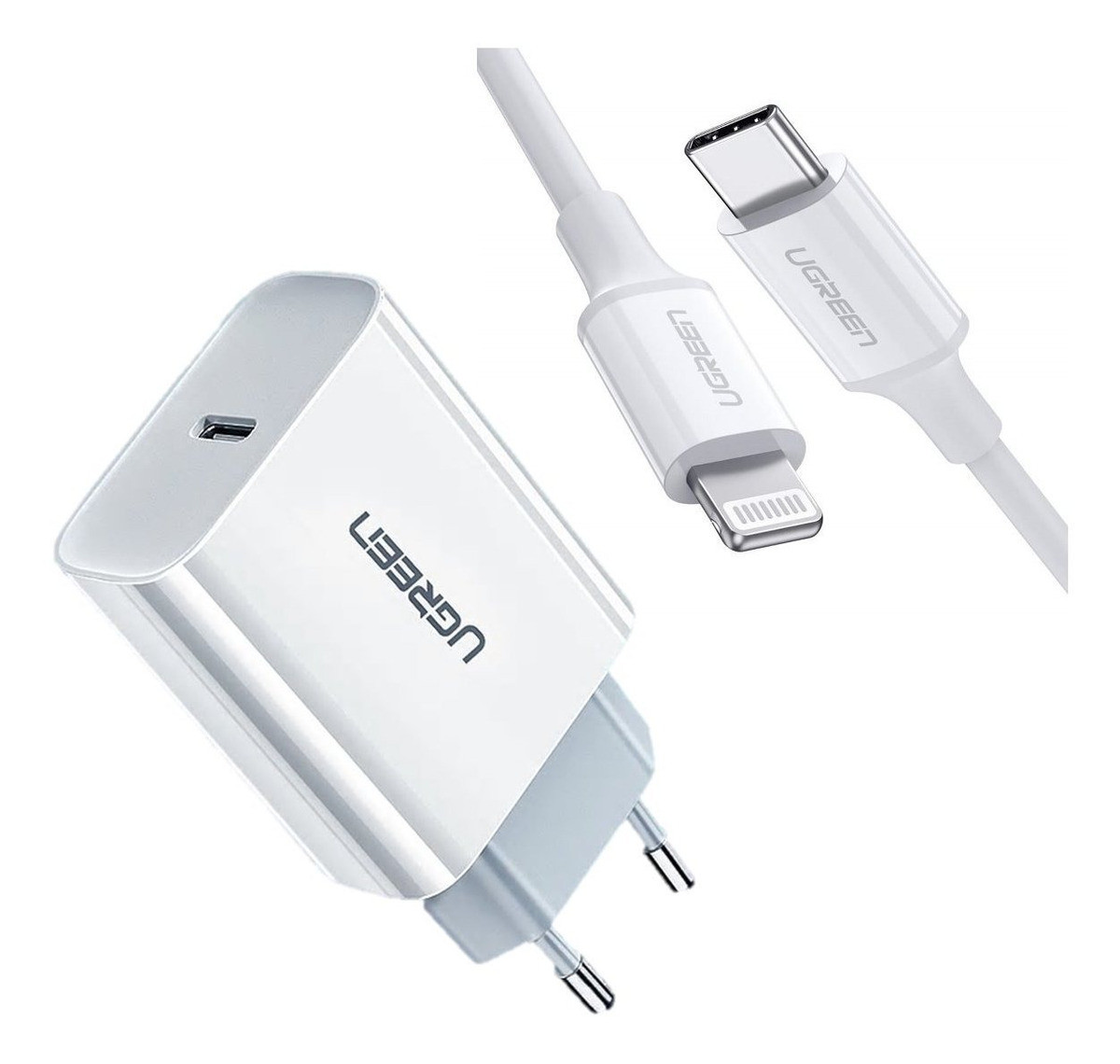 

Зарядное устройство Ugreen Quick charge 4.0 PD 3.0 18W + Кабель Ugreen MFi USB-C to Lightning 1.5M (CD137), Белый