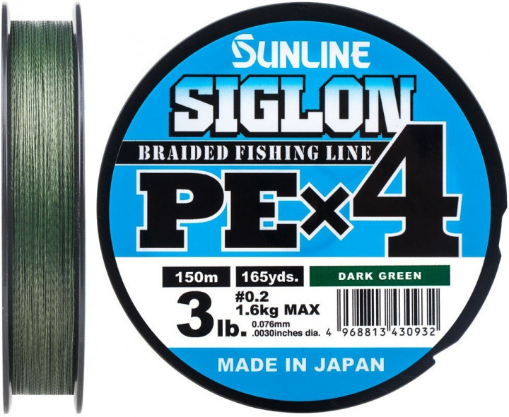 

Шнур Sunline Siglon PE х4 150m (темн-зел.) #0.2/0.076 mm 3lb/1.6 kg, Зелёный