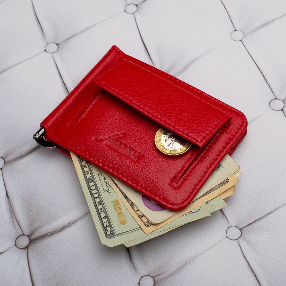 

Женский кожаный зажим - портмоне для денег на магните Kafa красный