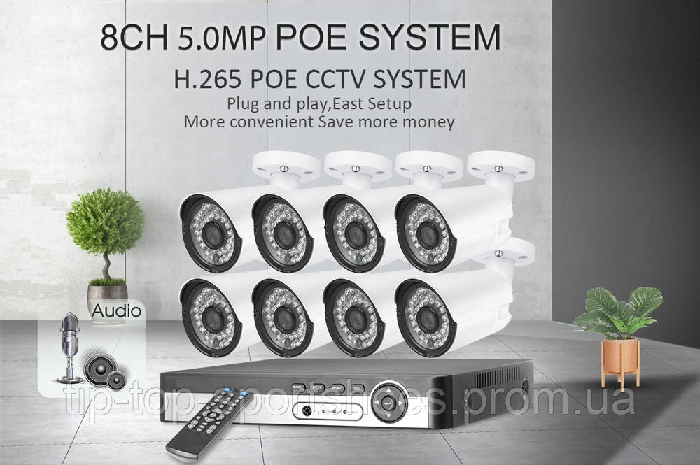 Восьми канальный 5МР POE комплект системы видеонаблюдения H.265 48 V н