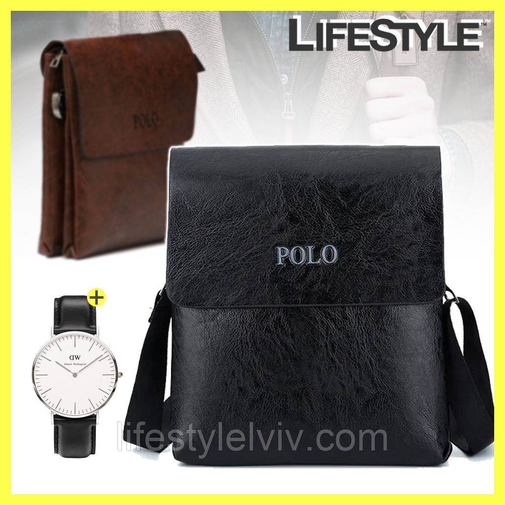 

Мужская сумка через плечо Polo Videng Leather + часы Daniel Wellington в Подарок, Черный/коричневый