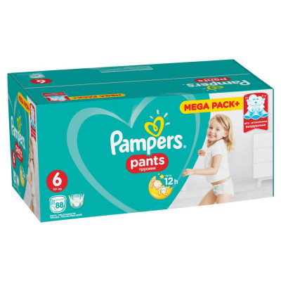 

ПОДГУЗНИКИ-ТРУСИКИ PAMPERS PANTS EXTRA LARGE 6 (16+ КГ) MEGA PACK, 88 ШТ., Белый