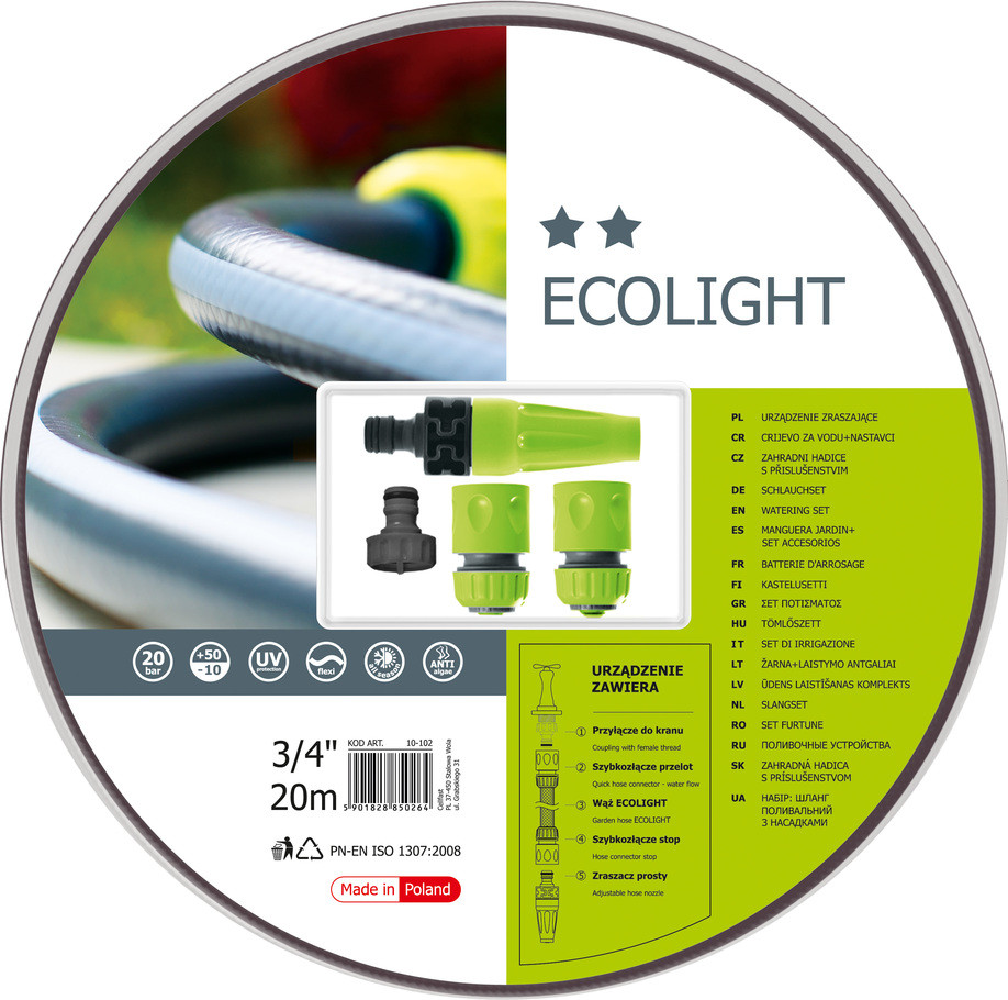 

Поливочный набор ECOLIGHT шланг 3/4” 20 м + комплект соединителей Cellfast Poland