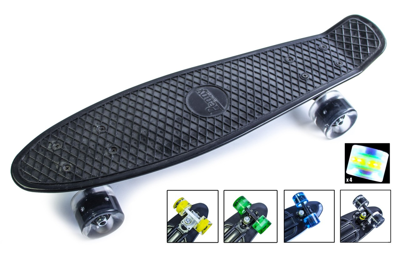 

Пенниборд Penny Board. Black. Светящиеся колеса. (22 дюйма, пластик, доска 55 х 15), Черный