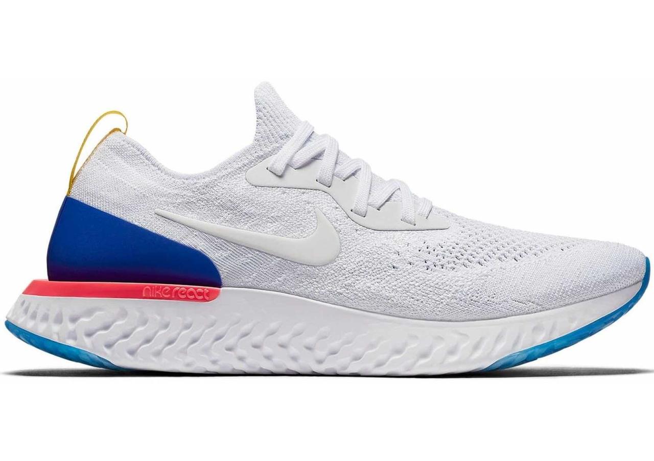 nike epic react flyknit white and blue