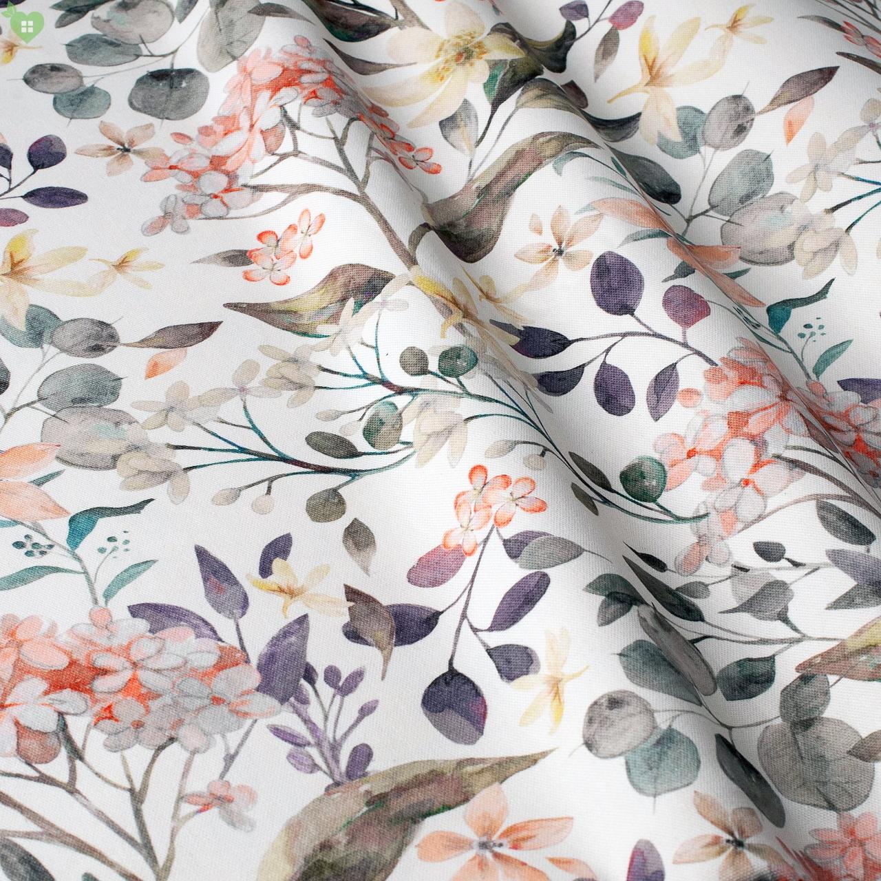 Декоративна тканина флора в кораловому та фіолетовому тонах 84385v3