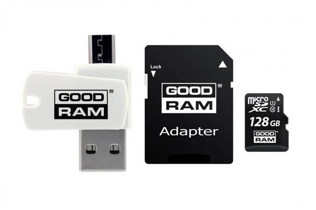 Карта памяти MicroSDXC 128GB UHS-I Class 10 GoodRam + Adapter SD + OTG Card reader (M1A4-1280R12), фото 2