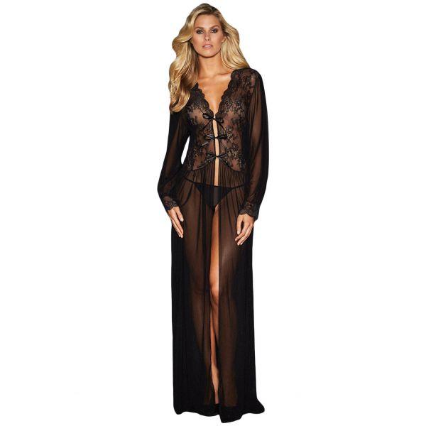 

Sheer Long Sleeve Lace Robe with Thong, Черный