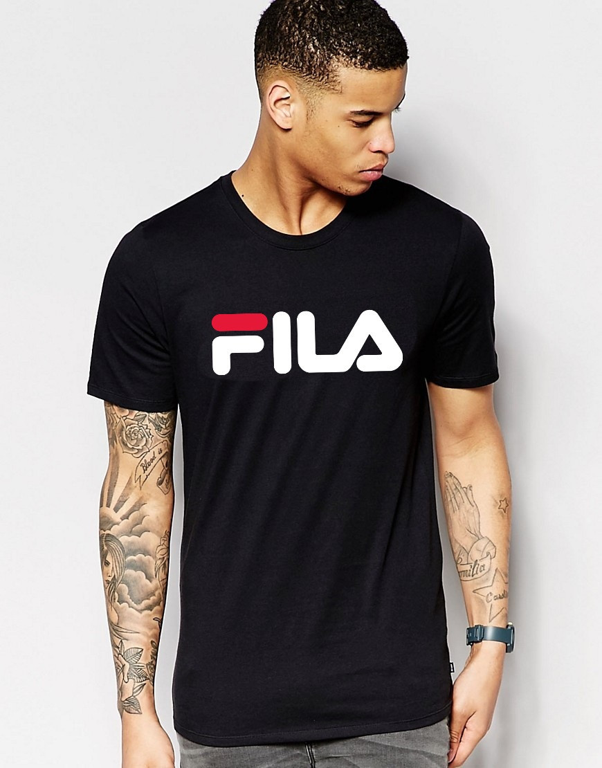 Мужская футболка FILA чёрная принт белый с красным