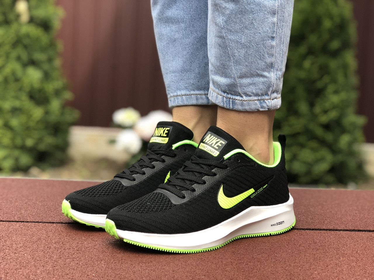 

Кросівки жіночі Nike Flyknit Lunar 3 чорні із салатовим\білі, Чорні з білим