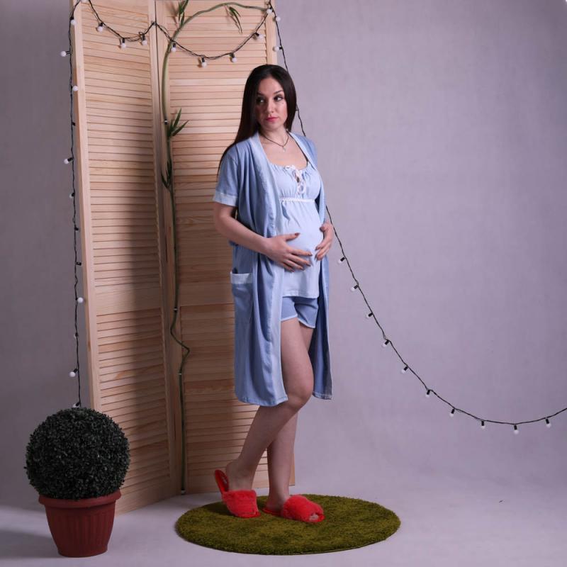 Комплект женский пижама с шортами плюс халат голубой 42/44