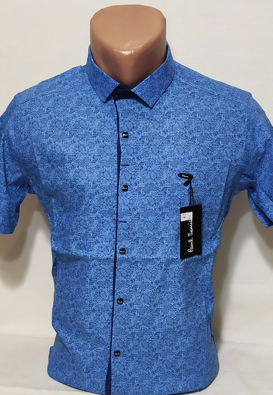 

Рубашка мужская с коротким рукавом vk-0072 Paul Smith голубая в узор приталенная стрейч коттон Турция L, Голубой