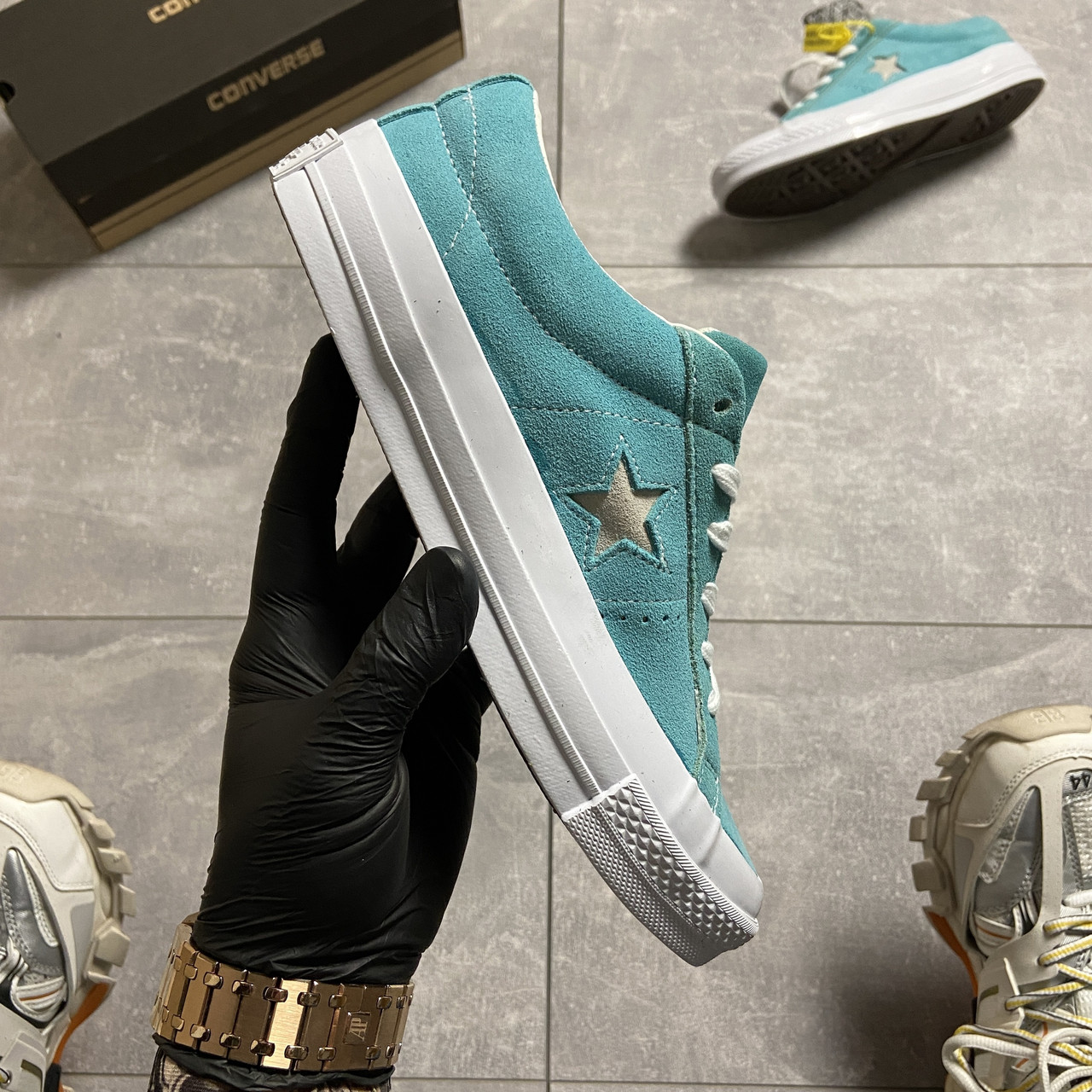 

Кеды женские Converse One Star Premium Suede Turquois. Стильные женские кеды бирюзового цвета., Черные