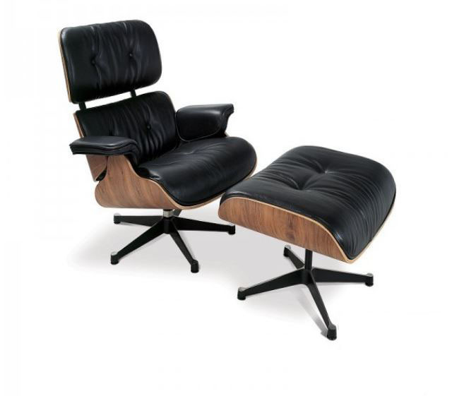 Кресло Релакс с оттоманкой, натуральная кожа, гнутая фанера, цвет черный