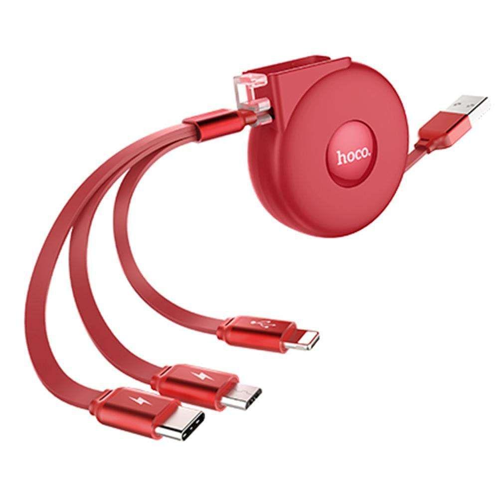 

Кабель USB Hoco U50 Retractable 3-in-1 Lightning + Micro USB + USB Type-C Cable Red