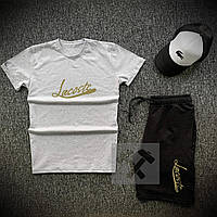 Шорти футболка і кепка Lacoste чорно-сірого кольору 3 в 1 (Літній чоловічий спортивний костюм Лакост)розміри 44-52