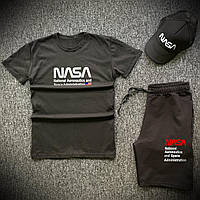 Шорти футболка і кепка Nasa чорного кольору (Літній чоловічий спортивний костюм 90% бавовна 3 в 1)