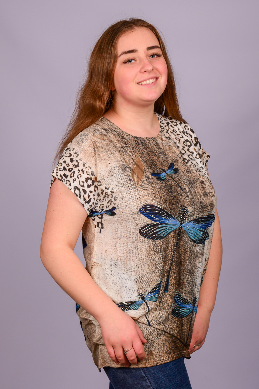 

Футболка женская со стразами. 6331-3_2XL. Размер 56-58.