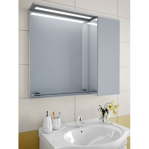 

Шкафчик в ванную зеркальный навесной с подсветкой и широкой стеклянной полкой 700х800х150 Левый