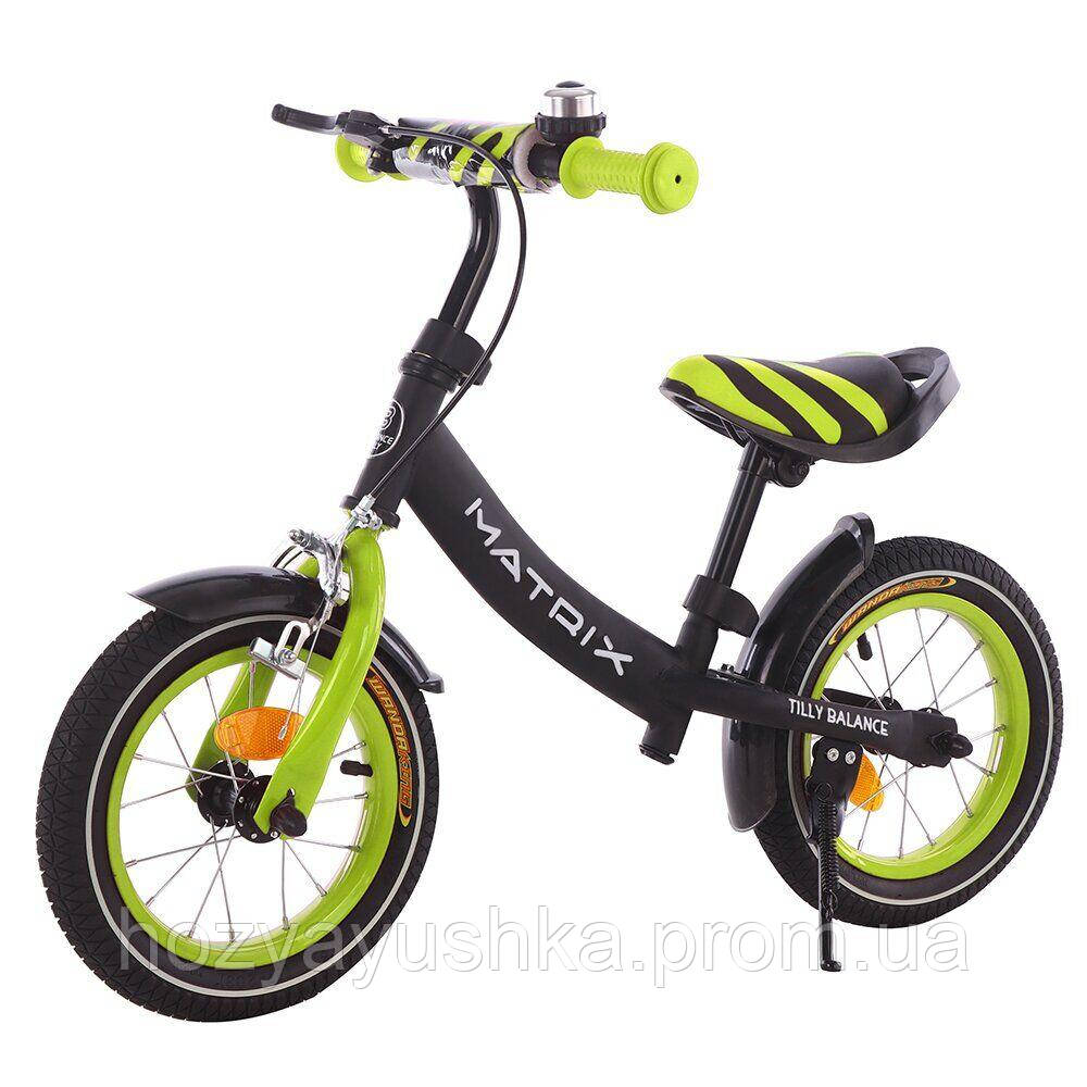 

Детский велобег с ручным тормозом 12" Tilly Balance Matrix T-21259 Green, звонок, подножка