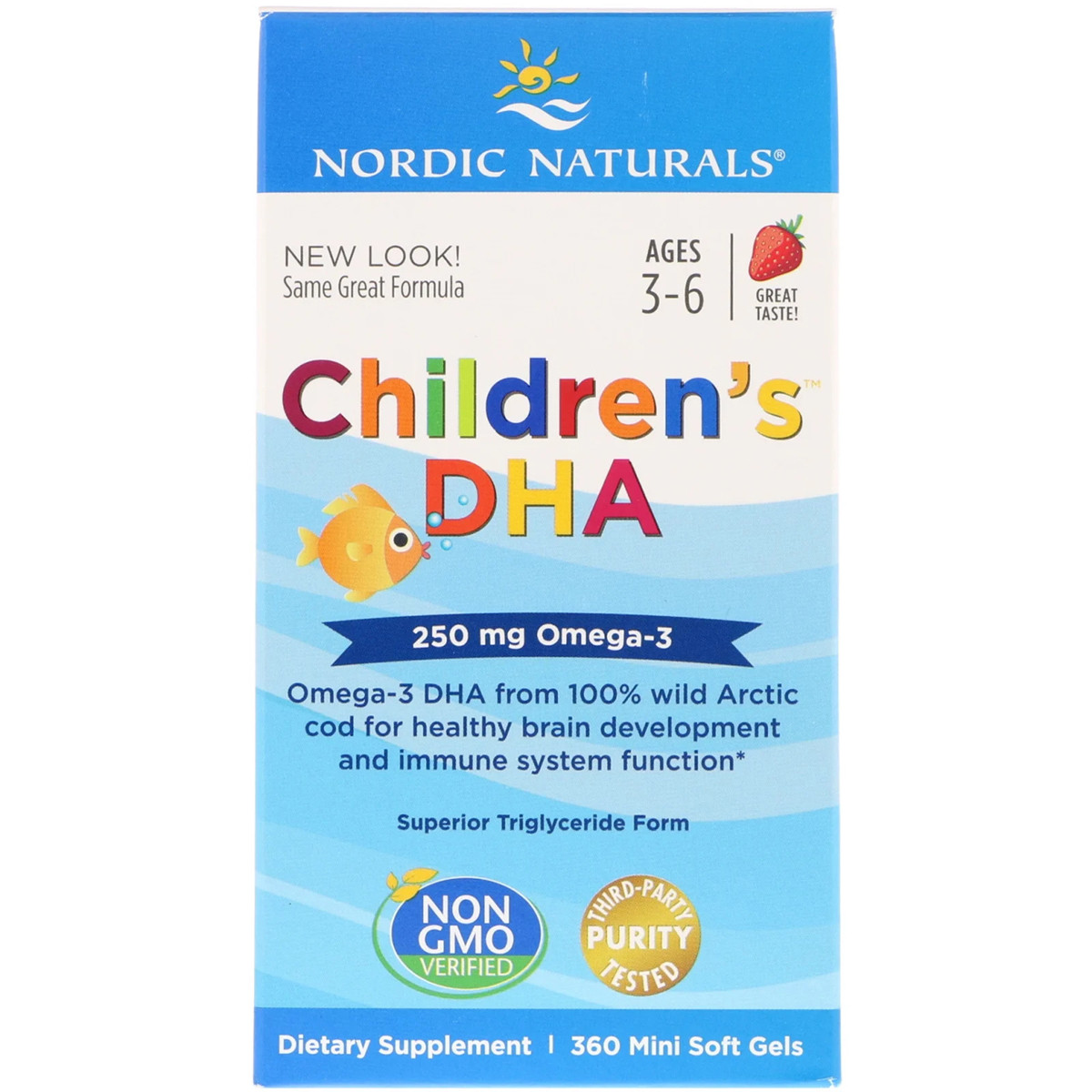 

Рыбий жир (ДГК) для Детей, (3-6 лет), 250 мг, Вкус Клубники, Children's DHA, Nordic Naturals, 360 мини капсул