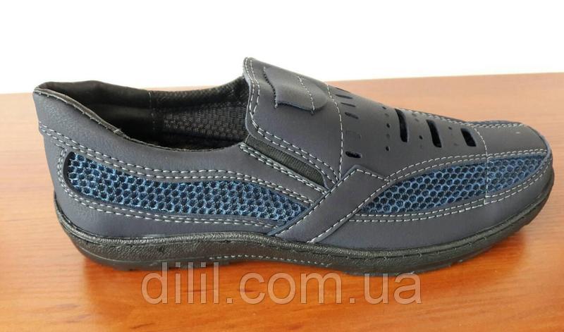 Туфлі мокасини чоловічі літні сітка темно сині прошиті зручні  ( код 6