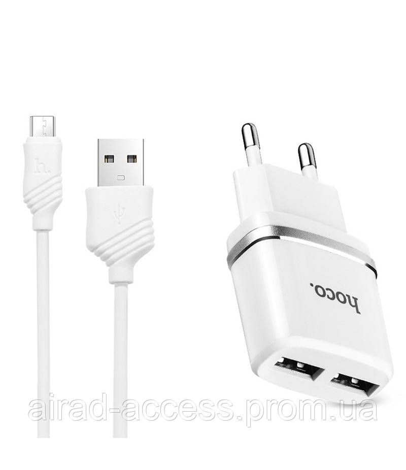 

Сетевое зарядное устройство для смартфона Hoco C12, 2 USB, 2.4A + Кабель Micro Usb White, Белый