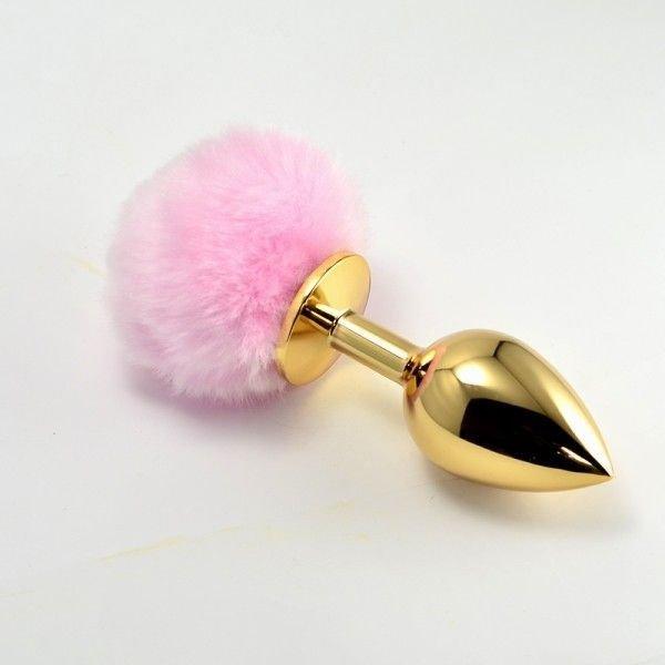 Золотая анальная игрушка с розовым помпоном