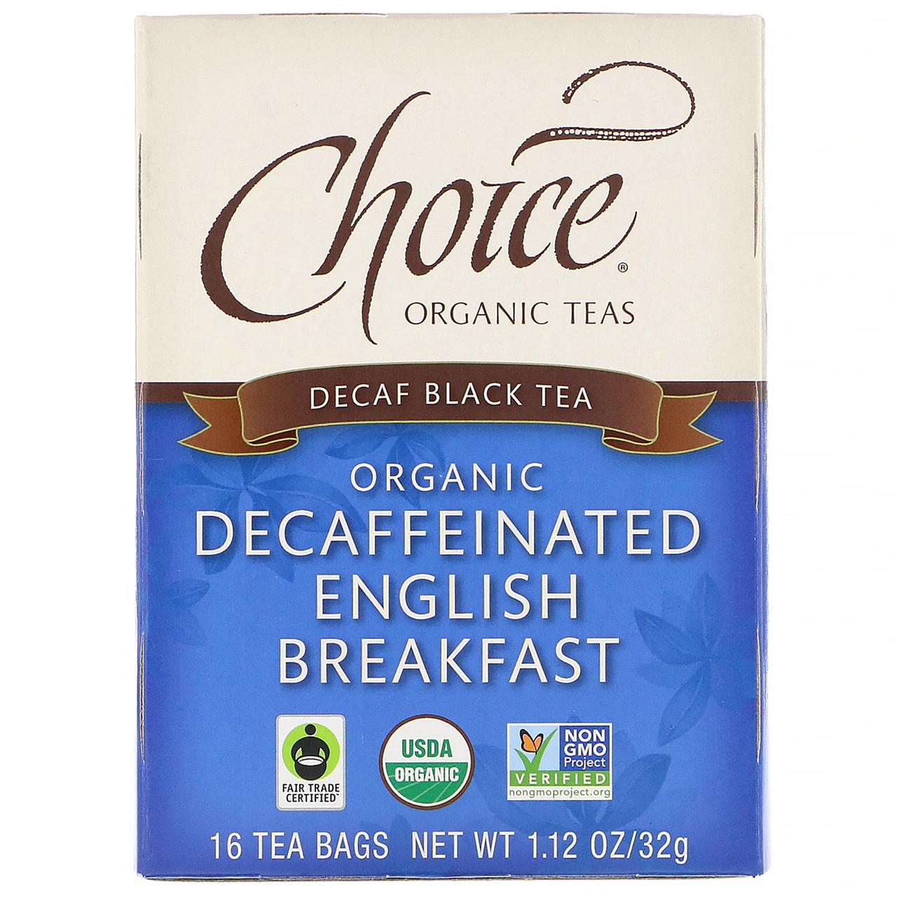 

Choice Organic Teas, Black Tea, Organic Decaffeinated English Breakfast, Decaf, 16 Tea Bags, 1.12 oz (32 g)