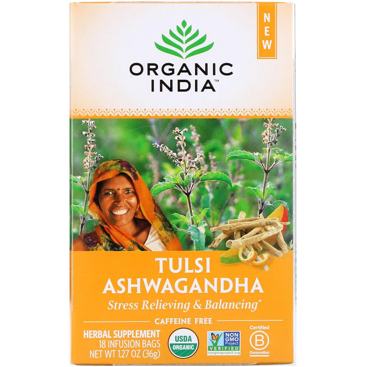 

Organic India, Tulsi Tea, Ashwagandha, Caffeine-Free, 18 Infusion Bags, 1.27 oz (36 g)