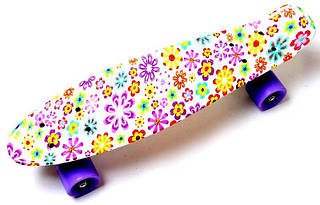 Детский скейтборд Пенни Penny Board 22 белый с яркими цветами фиолетовые колеса