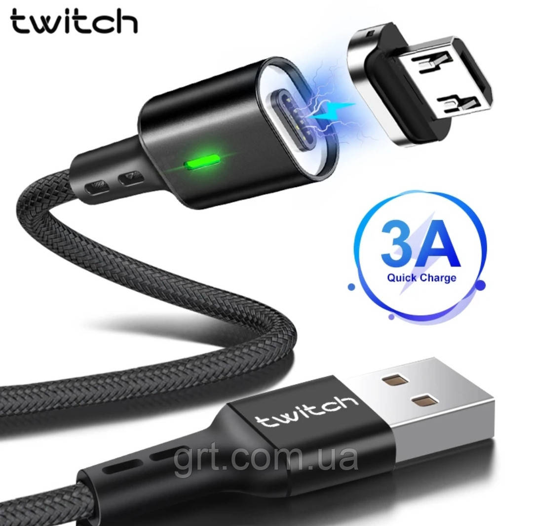 

Кабель USB магнитный Тwitch с коннектором: Micro USB. 50 сантиметров., Чёрный