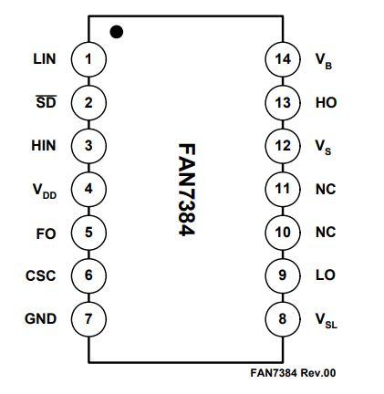 FAN7384MX, полумостовой драйвер MOSFETs и IGBTs, SOP14