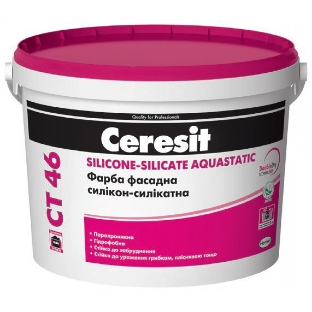 

Краска силикон-силикатная фасадная Ceresit CT 46 SIL-SIL AQUASTATIC База C ( 10 л) 9000101119879