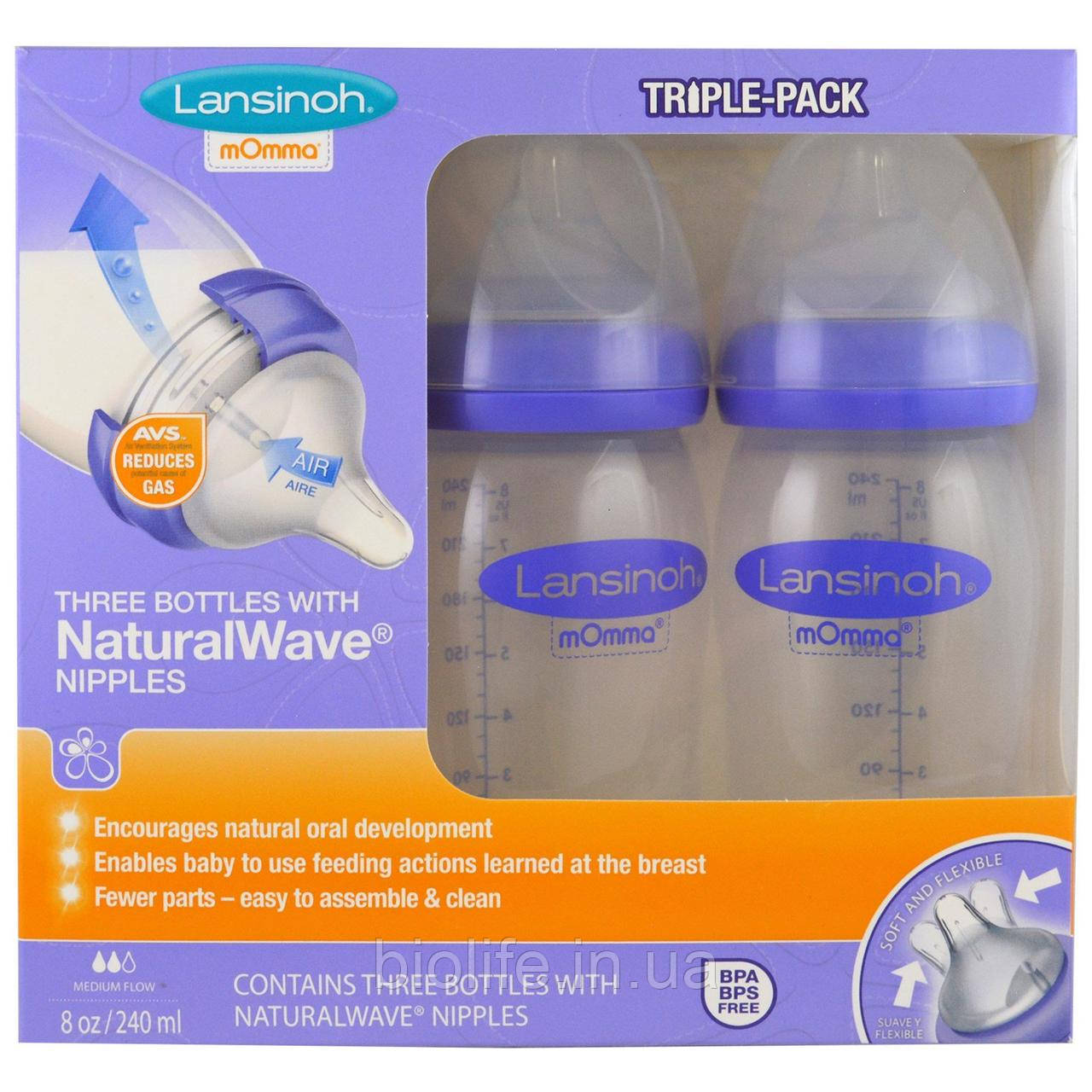 

Lansinoh, Бутылки с соской Natural Wave, средний поток, 3 бутылки, по 8 унций (240 мл) каждая