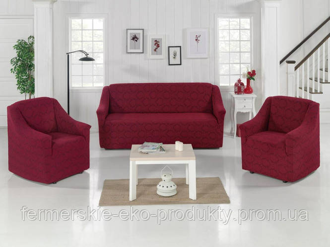Комплект жаккардовых чехлов на диван и 2 кресла универсальный размер Турция, бежевый - фото 4