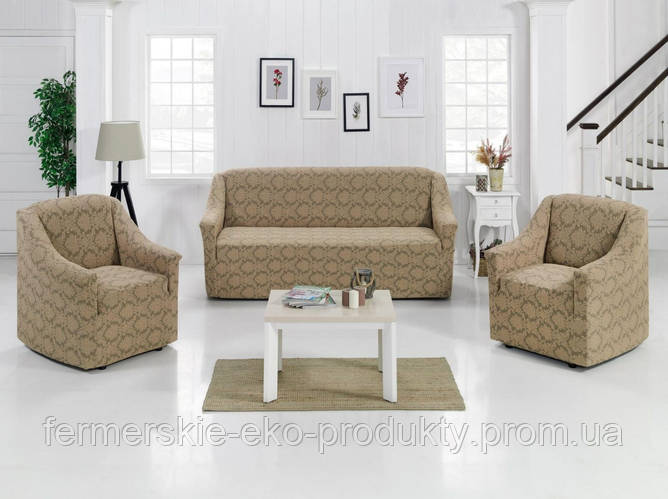 Комплект жаккардовых чехлов на диван и 2 кресла универсальный размер Турция, бежевый - фото 7