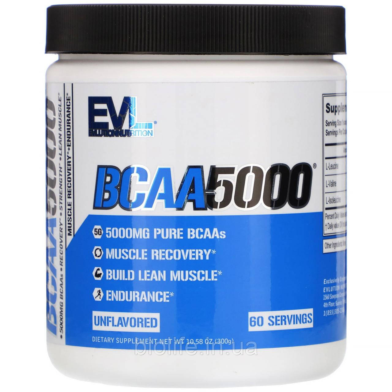 

EVLution Nutrition, BCAA 5000, Unflavored, 10.58 oz (300 g)