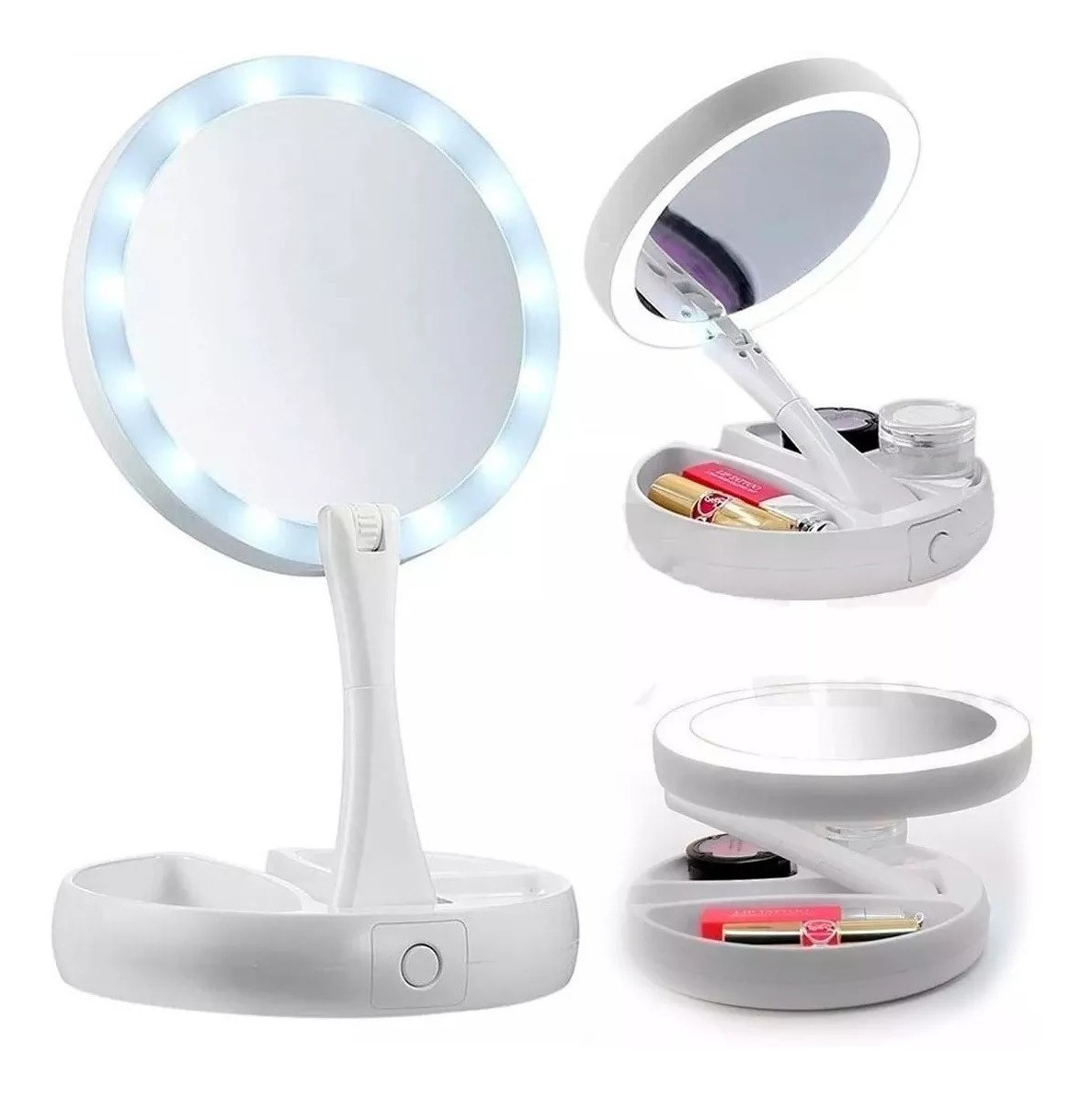 Складное двойное Зеркало для макияжа с LED подсветкой, круглое поворот