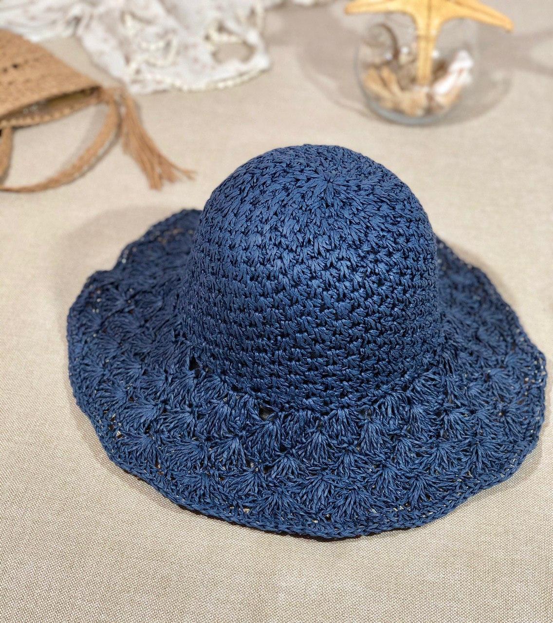 Соломенная женская пляжная шляпа-трансформер ажурной вязки синий