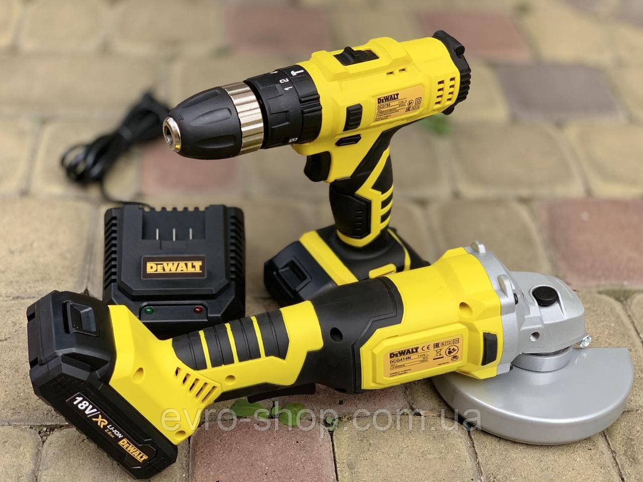 Фото 520Набір інструменту DeWalt ДЕВОЛТ(Акумуляторная Кутова шліфмашина DeWalt DCG 414N +Шуруповерт DeWALT DCD785 )