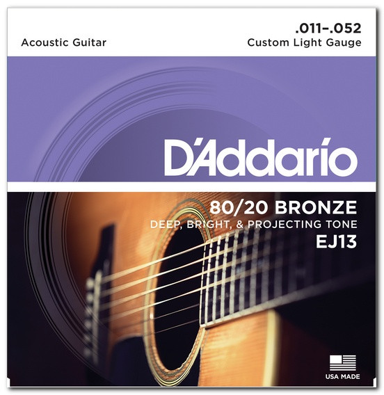 Струны для акустической гитары D'ADDARIO EJ13 80/20 BRONZE CUSTOM LIGHT (11-52)