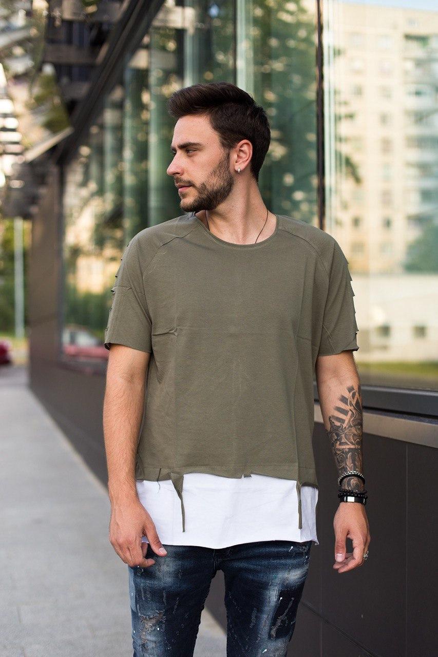 Модная молодежная мужская летняя двухцветная футболка оверсайз белая с оливой - S, M
