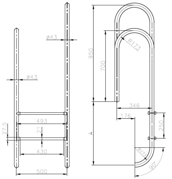 Габаритные размеры ассиметричных лестниц Kripsol серии Muro