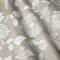 Декоративна тканина білі контурні квіти на льоні 280см 83359v1, фото 1