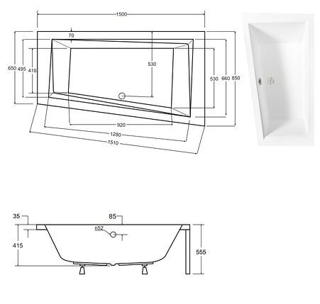Акрилова ванна Intima Slim 150х85 (ліва) Besco PMD Piramida без панелі для облицювання плиткою, фото 2