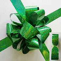 Бант Ø 25 см + 2 стрічки поліпропілен зелений голограма на клейовій основі (декор для коробки-сюрприз)