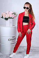 Стильный трикотажный костюм 3ка (штаны+кофта+топ) для девочки р.140-170, красный, фото 1
