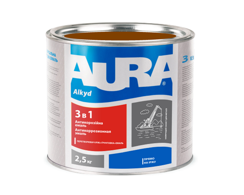 

Эмаль-грунт алкид-уретановая AURA 3 в 1 антикоррозионная коричневая 2,5л